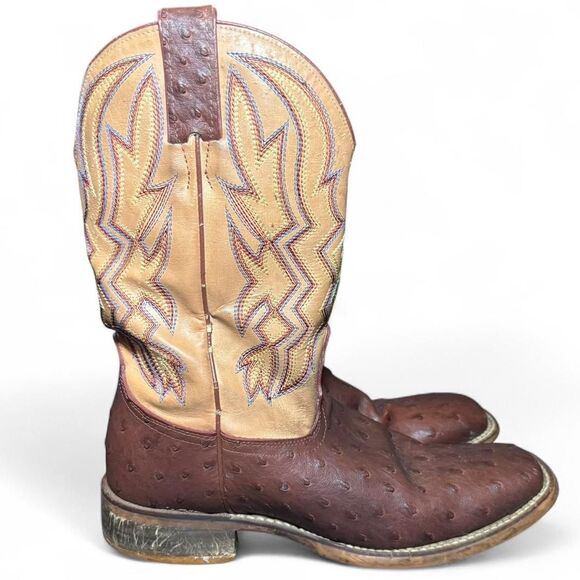 Nocona Men’s Size 8D Brown Leather Western Cowboy Boots Ostrich Print Square Toe - Picture 2 of 8